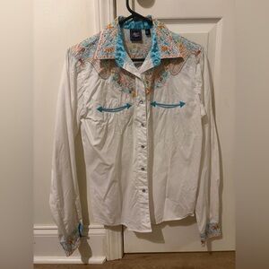 Cruel Girl Floral Embroidered Shirt with Blue Highlights